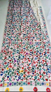 Kantha Stitch Tussar Silk Saree in Offwhite Multicolor - Saree - Aakritee - S10650